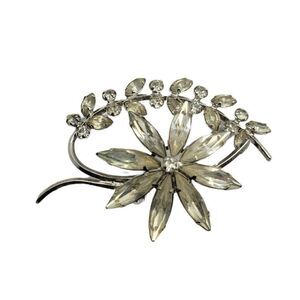 Vintage Star-Art Sterling 925 Flower Spray Pin Brooch Crystal Clear Rhinestone